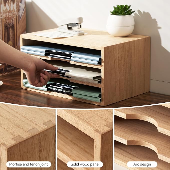 KIRIGEN Wooden Desktop Organizer, 3 Tier Solid Wood Letter Tray and Paper File - Image 6