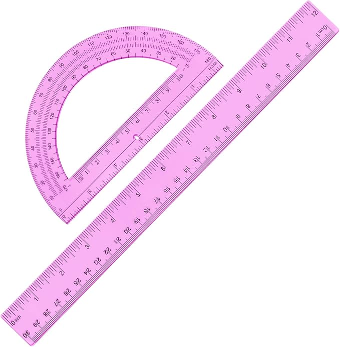 Zonon 2 Pcs 12 Inch Clear Ruler and 6 Inch Plastic Protractor Set, Dual Scale by Zonon