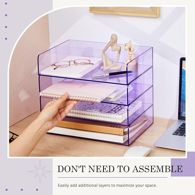 Harloon 4 Tier Clear Purple Acrylic Paper Organizer Letter Tray, Aesthetic - Image 3