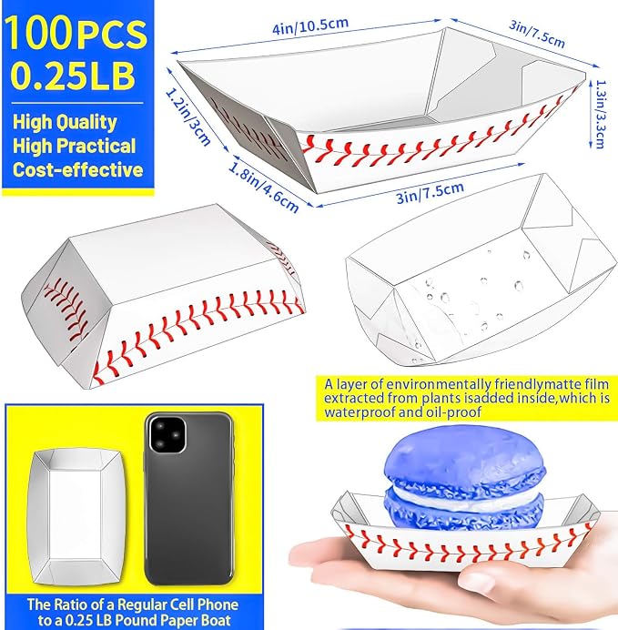 100Pack 1/4Lb Paper Food Boat Trays, Mini Baseball Birthday Decoration Baseball - Image 2