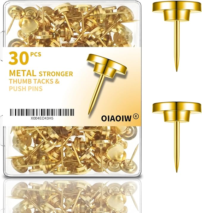 30 PCS Metal Gold Push Pins for Wall Clear Thumb Tacks for Walls Flat by OIAOIW