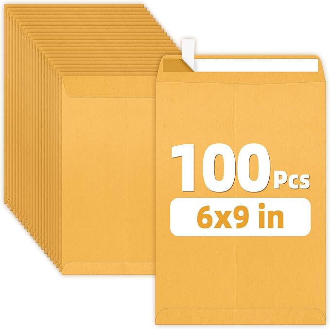SUNEE 6x9 Manilla Envelopes, 28lb Brown Kraft, Ultra Strong Quick-Seal Security by SUNEE