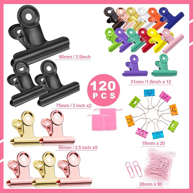 120 PCS Metal Hinge Clips Colored Spring Clip, Large Bulldog Clips 3.5+3+2+1.5 - Image 2