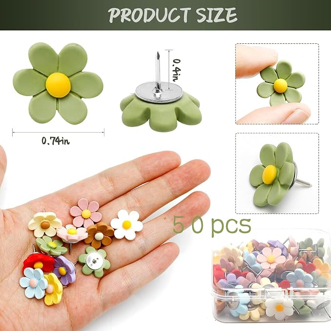 50 Pcs Flower Push Pins Cute Decorative Colorful Floral Thumb Tacks, Flower - Image 2