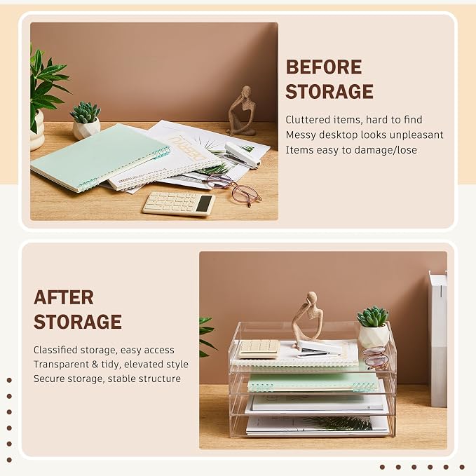 Harloon 4 Tier Acrylic Paper Tray Organizer, Heavy Duty Stackable Clear - Image 5