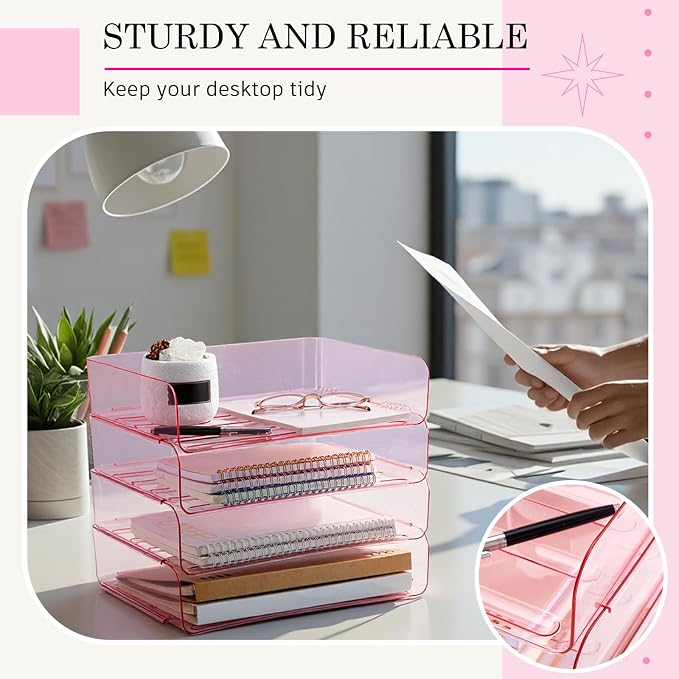 Harloon 4 Tier Pink Acrylic Paper Organizer 13 x 9.8 x 3 Inches Letter Tray - Image 6