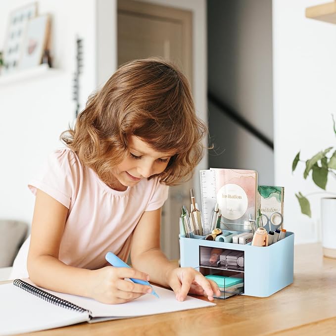 Cayxenful Pencil Pen Holder for Desk, 2 Drawer Desk Organizers, 5 Compartments - Image 7