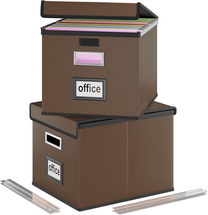 File Organizer Boxes with Lids, Collapsible Faux Leather Hanging File Folder by Huolewa