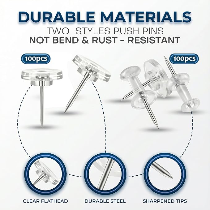 200 Pack Clear Push Pins and Thumb Tacks Combo - Image 2