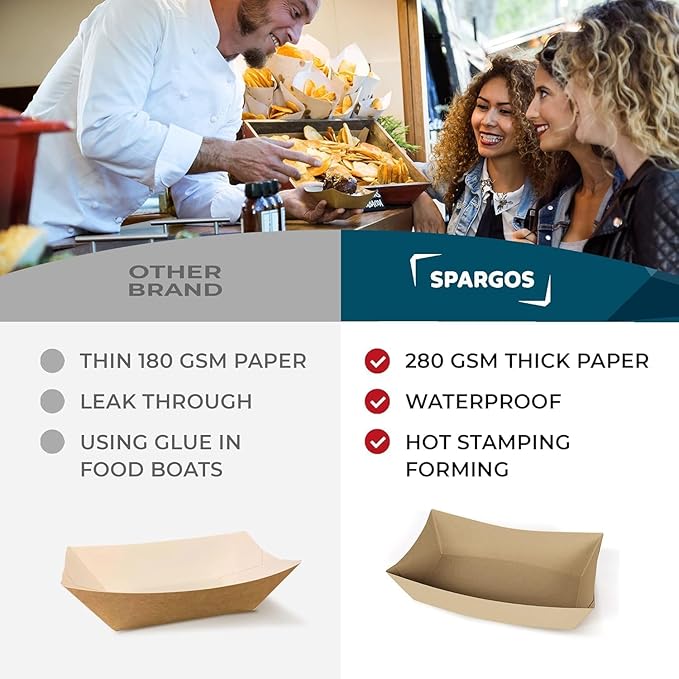 SPARGOS Kraft Paper Food Boats 3lb – Rustic Brown Disposable Serving Trays - Image 6