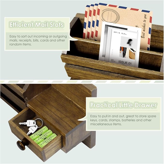 VIS'V Key Holder Wall Mount, Wooden Mail and Key Organizer, Small Shelf - Image 4
