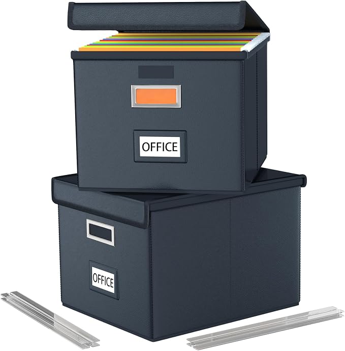 File Organizer Boxes with Lids, Collapsible Faux Leather Hanging File Folder by Huolewa