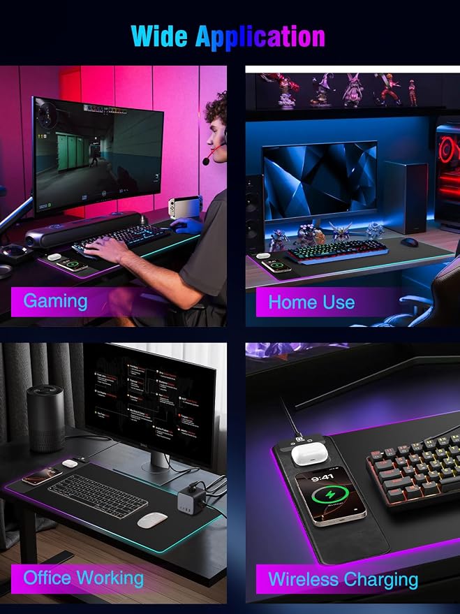 Mouse Pad with Magnetic Wireless Charging, Large Desk Pad Protector, RGB Black - Image 7