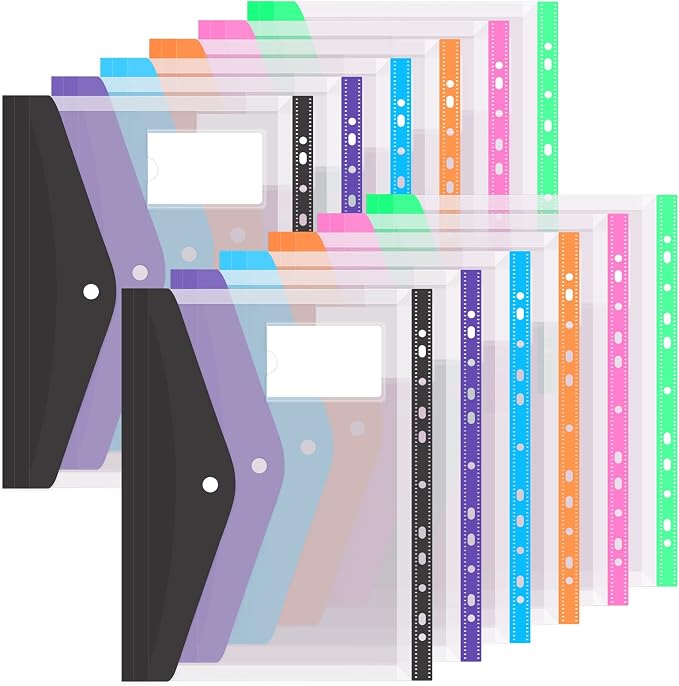 Colorlife Binder Pocket 12 Pack Plastic Envelopes Binder Folders 11 Holes by WELCOME