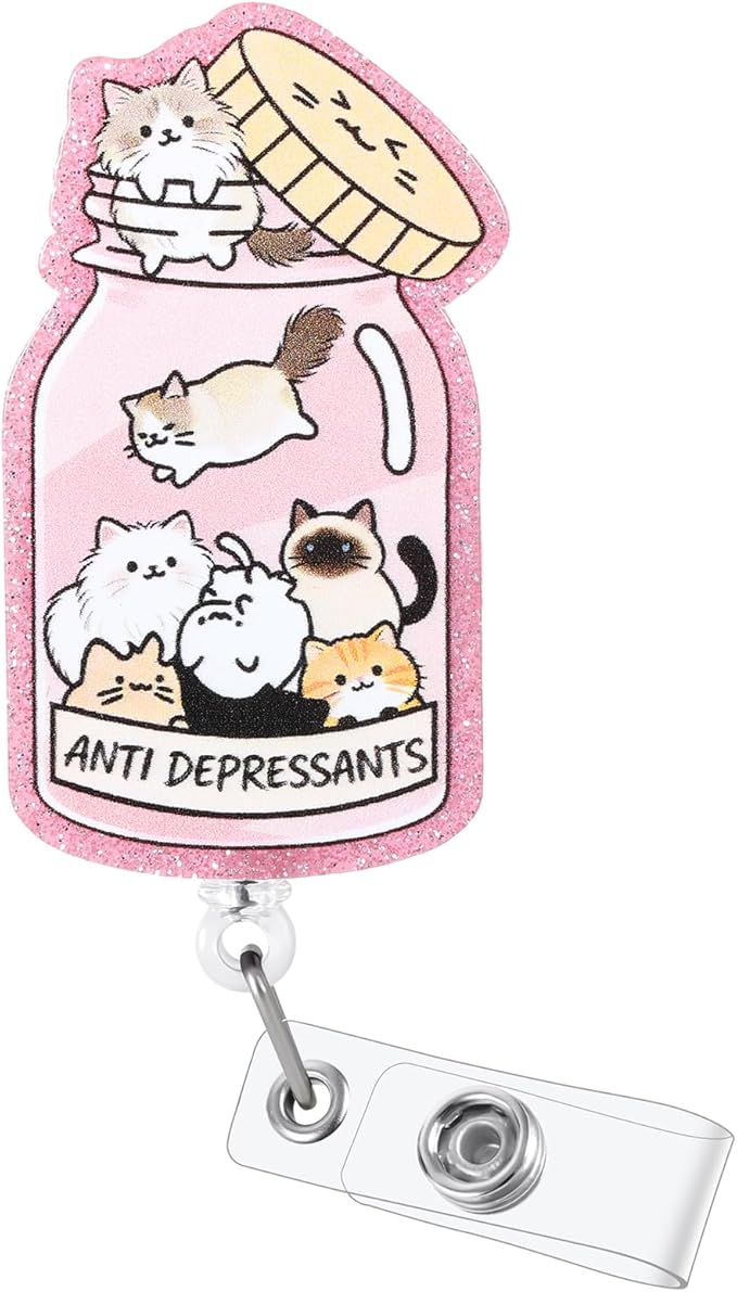 Anti Depressants Funny Nurse Badge Reel, Cute Pink Cat Retractable ID Card by Unknown
