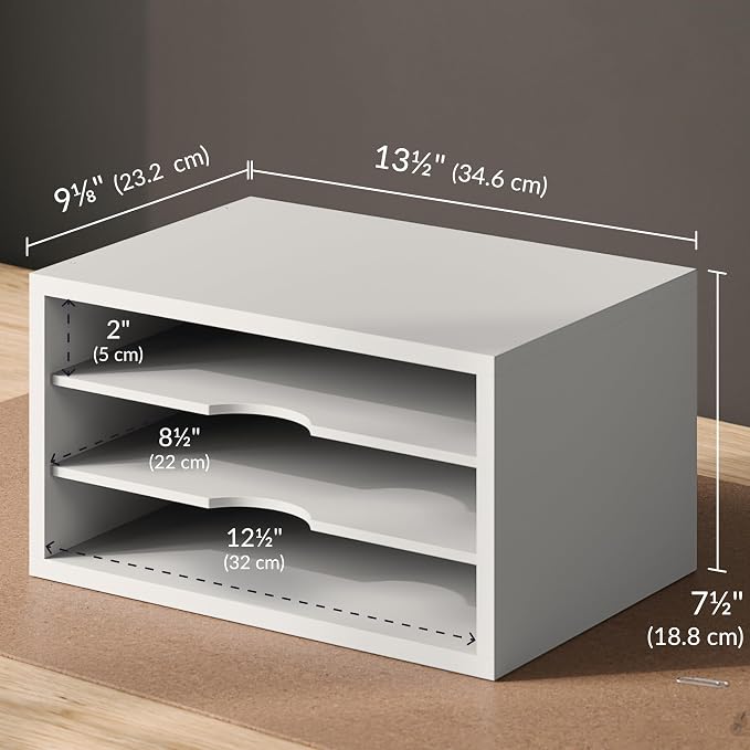 Ballucci File Organizer, 3-Tier Document Paper Sorter, Stackable Wood Desk - Image 3