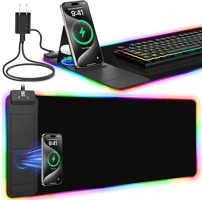 RGB Mouse Pad with Foldable Phone Stand Wireless Charger, 31.5"x11.8" XL Gaming by miroddi