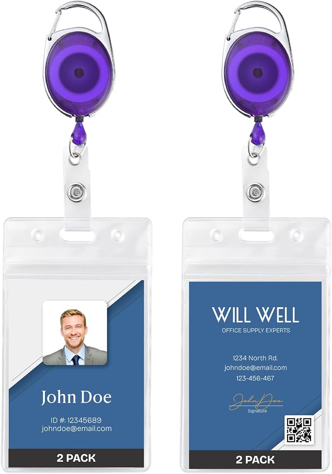 2 Pack Id Badge Holder With Clip – Transparent Purple Badge Reels with Id by WillWell