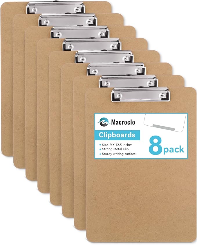 Wood Clipboards Set of 8, Letter Size Hardboard Clip Board 8.5x11 | A4 Standard by Macroclo