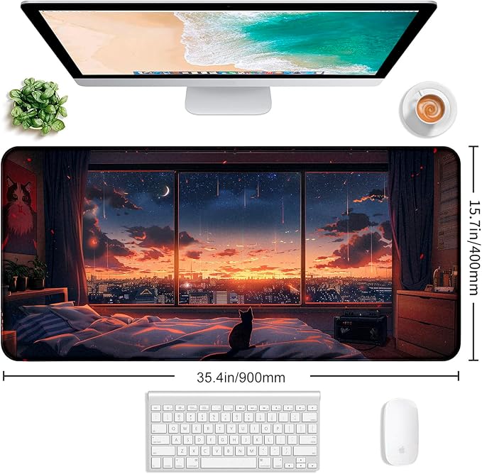 Sunset Night Cat Mouse Pad, Summer Night Scene Decoration Game Table Pad XL | - Image 2