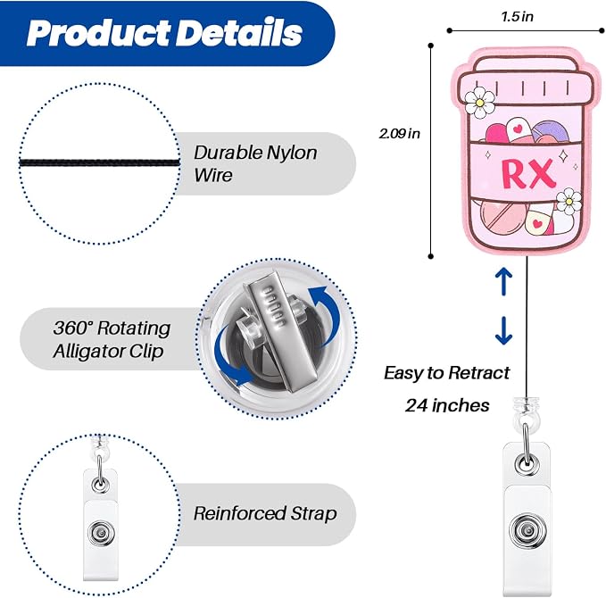 Pink RX Funny Nurse Badge Reel, Cute Medical Bottle Flower Retractable ID Card - Image 3