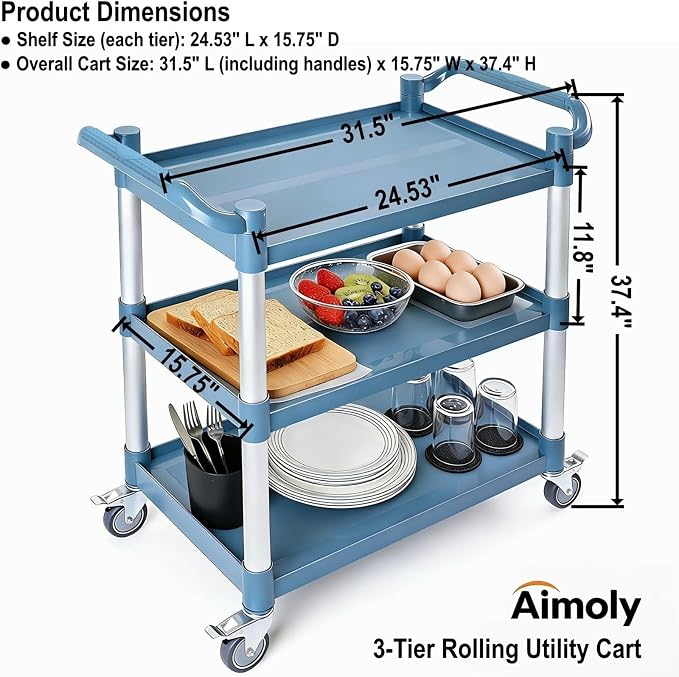 3-Tier Rolling Utility Cart on Wheels, 510 lbs Capacity Utility Service Cart - Image 6