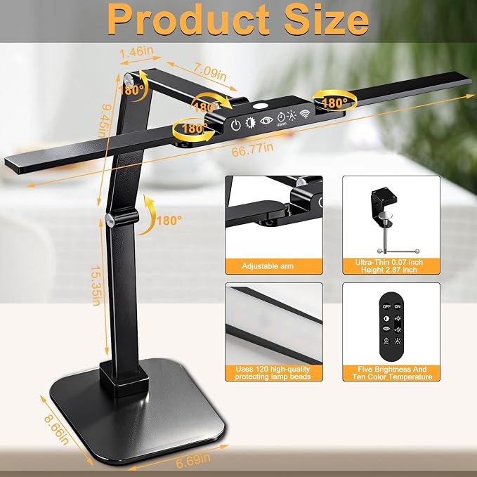 NUNET 24W LED Desk Lamp with 2-in-1 Weighted Base & Clamp, 26.8" Dual Monitor - Image 4