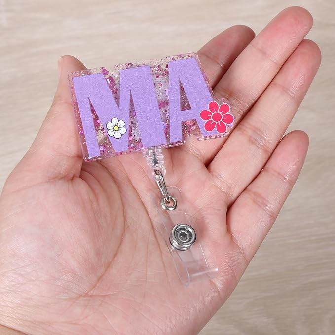 Purple Flower MA Funny Nurse Badge Reel, Cute Retractable ID Badge Holder - Image 2