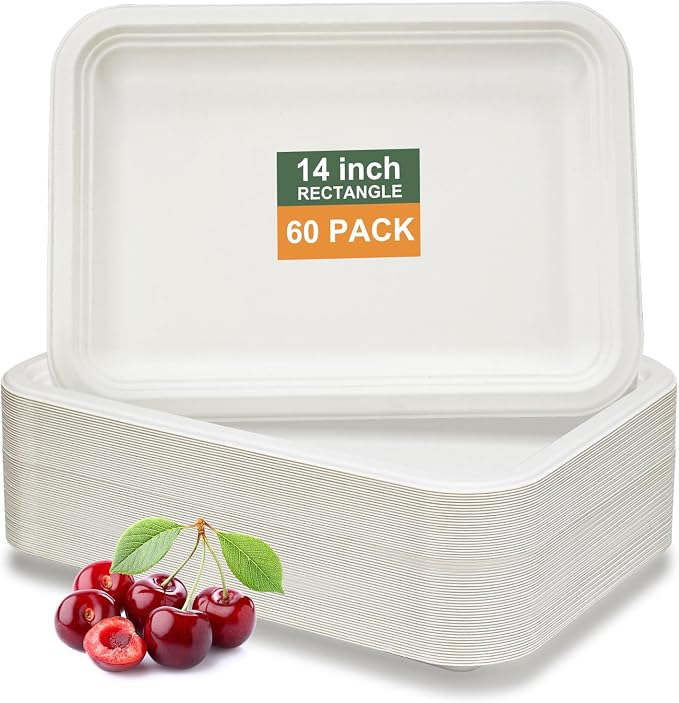 60 Pack White Disposable Food Trays, 14INCH Extra Large Disposable Plates by BangShou