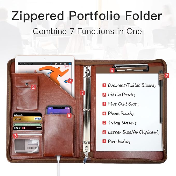 Zippered Portfolio Organizer, WRIYES Leather Padfolio - Image 2