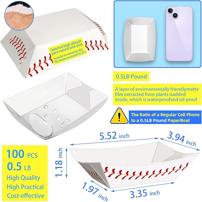 100 Pack 1/2Lb Paper Food Boat Trays, Baseball Birthday Decorations Baseball - Image 2