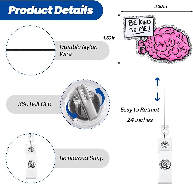 BE Kind to ME Funny Badge Reel, Cute Brain Retractable ID Card Badge Holder - Image 4