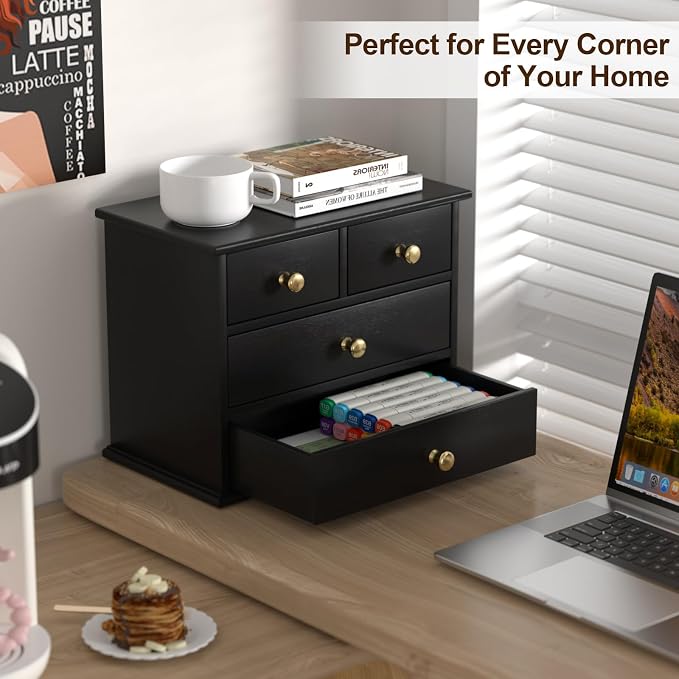 Oak Desk Organizer with Drawers, Durable Wooden Desktop Storage Box with Metal - Image 4