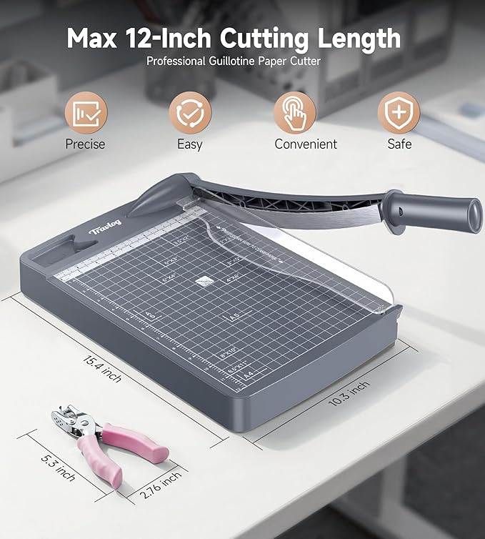 12 Inch Guillotine Paper Cutter, 12 Sheet Capacity Paper Trimmer Slider - Image 4