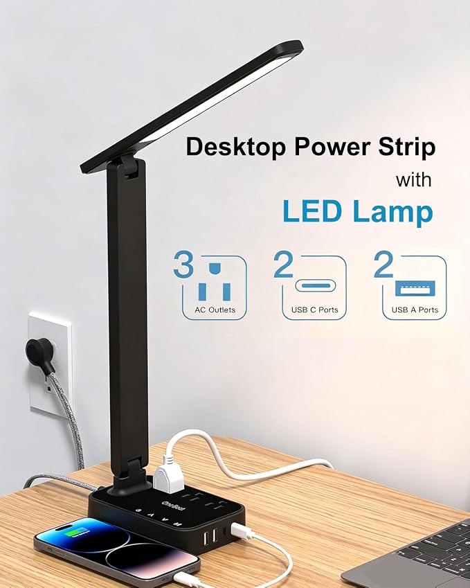One Beat Small LED Desk Lamp Power Strip 10ft Extension Cord, 3 Outlets 4 USB - Image 3