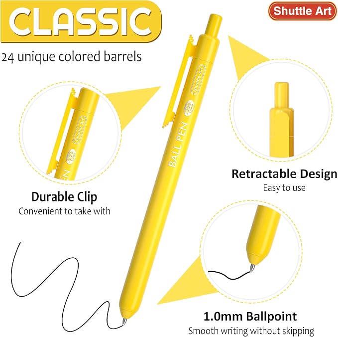 Shuttle Art Ballpoint Pens, 24 Pack Colored Retractable Black Ink Ball Point - Image 2