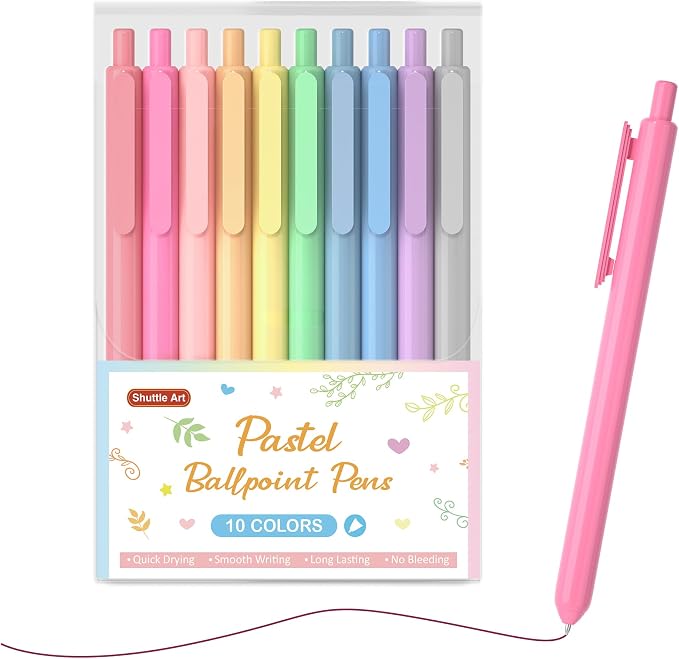 Shuttle Art Ballpoint Pens, 10 Pack Pastel Retractable Colored Ink Ball Point by ShuttleArt