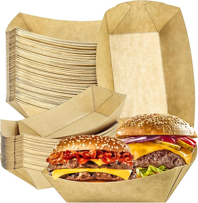 50 Pack 3Lb Paper Food Boat Trays Disposable Paper Boat Plate, Heavy Duty Large by MotBach