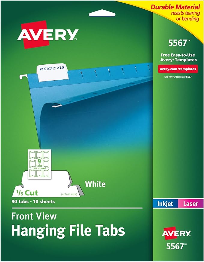 Avery Printable Hanging File Folder Tabs, 1/5 Cut, 90 Total by Avery