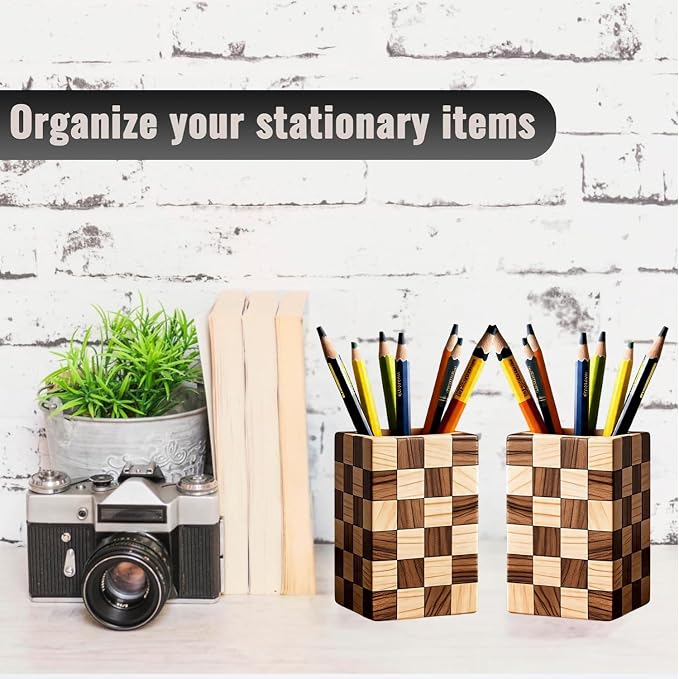 Wooden Pen Holder for Desk, 2 Pack Natural Wood Pencil Cup Holder – Office Desk - Image 2