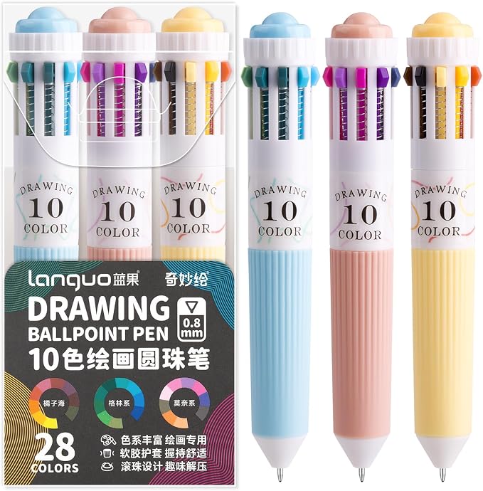 3 Pack Multicolor Pens, 10-in-1 Colored Ballpoint Pen, 28 Colors, 0.8mm Fine by Joyask