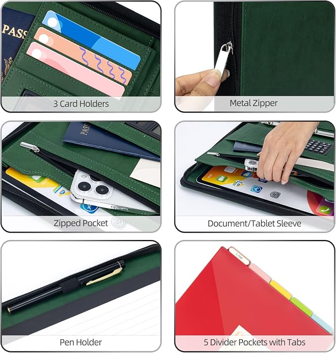 Ospelelf Green Clipboard with Storage 3 Binder Leather Portfolio Folder with - Image 4