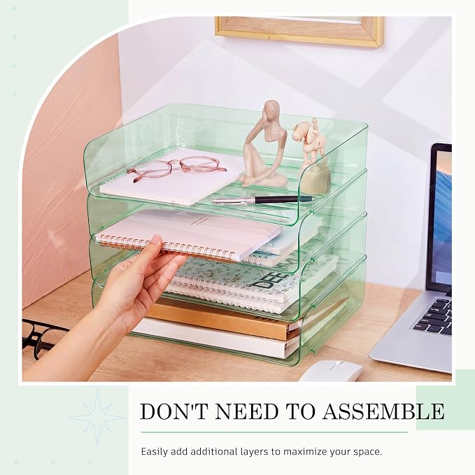 Harloon 4 Tier Clear Sage Green Acrylic Paper Organizer Letter Tray, Aesthetic - Image 4