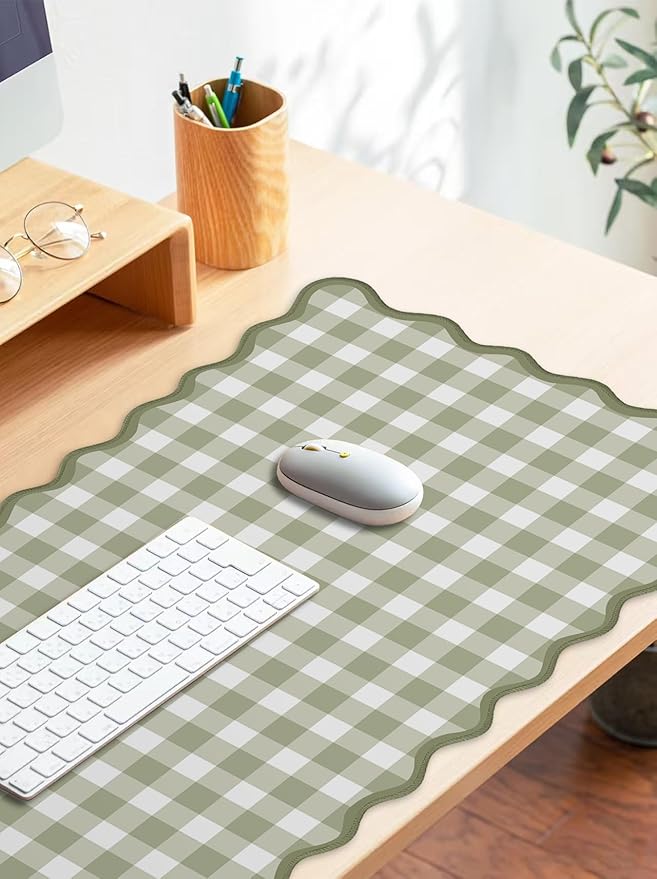 Scalloped‌ Green Checkered Desk Mat Cute Pastel Large Gaming Mouse Pad Gingham - Image 3
