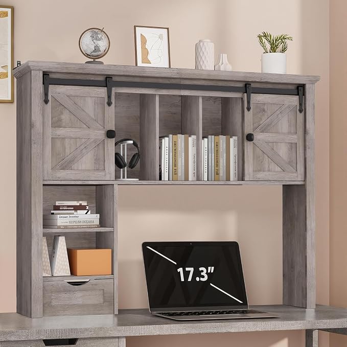Large Desktop Bookshelf with Sliding Barn Door, 47.2''W Desk Shelf Display Rack by Homiflex