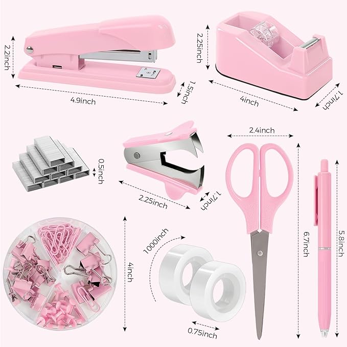 SKYDUE Pink Office Desk Accessories, Tape Dispenser, Clips and 1000pcs Staples - Image 6