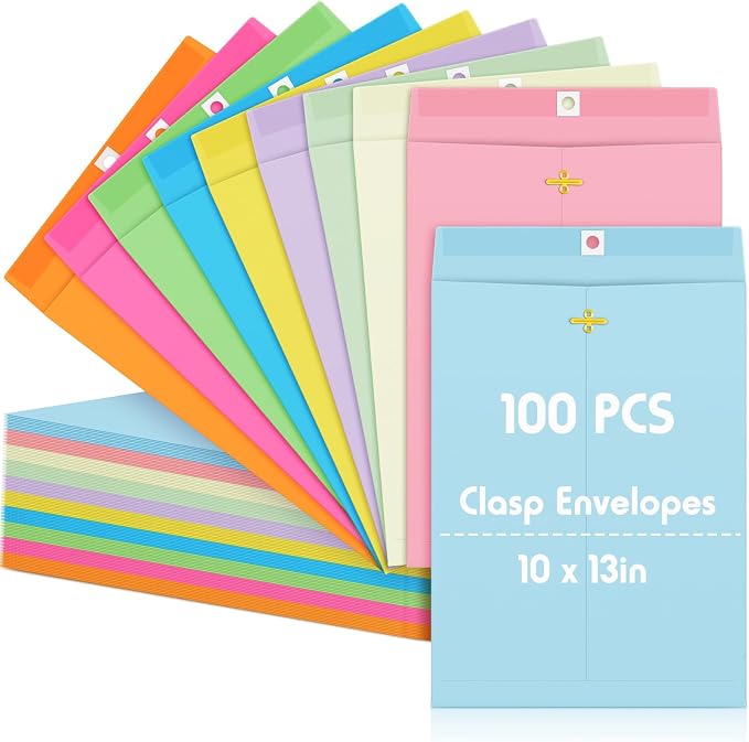 Geyee 100 Pcs Clasp Manilla Envelopes 10 x 13 Inch Gummed Colored Envelopes by Geyee