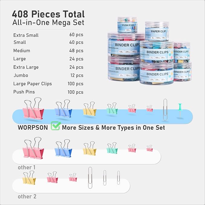 408 PCS Binder Clips Paper Clamps Assorted Sizes and Push Pins, Binding - Image 5
