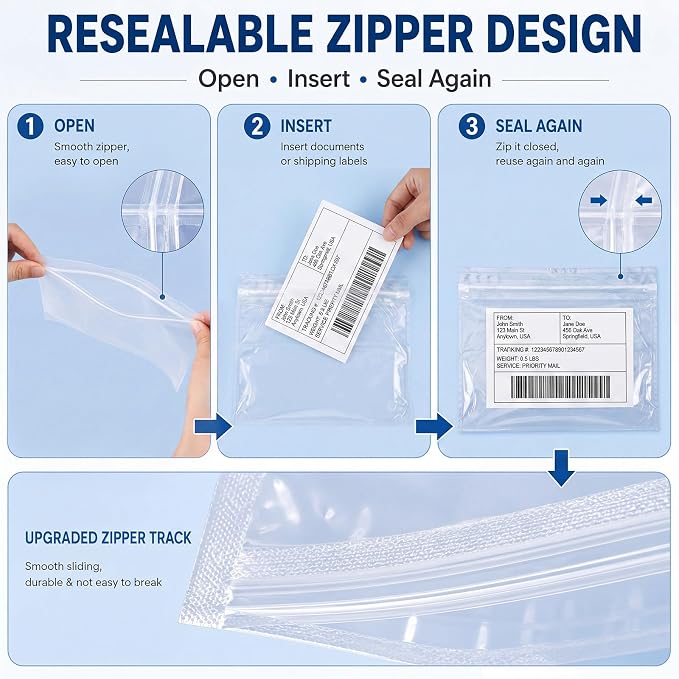 Glenmal 100 Pcs 7" x 5.5" Resealable Packing List Envelopes Clear Self-adhesive - Image 3