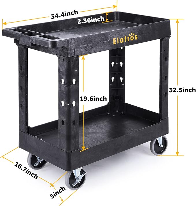 ELAFROS 2-Tier Utility Rolling Cart, 34 x 17 in, 550lb | Deep Tub Shelves - Image 2